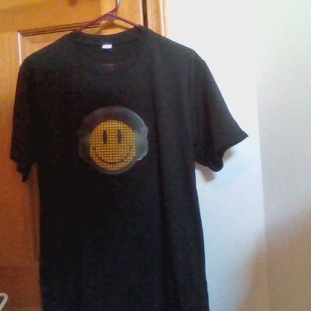 Basic Black Large T-Shirt with a Smile Emoji with Headphones